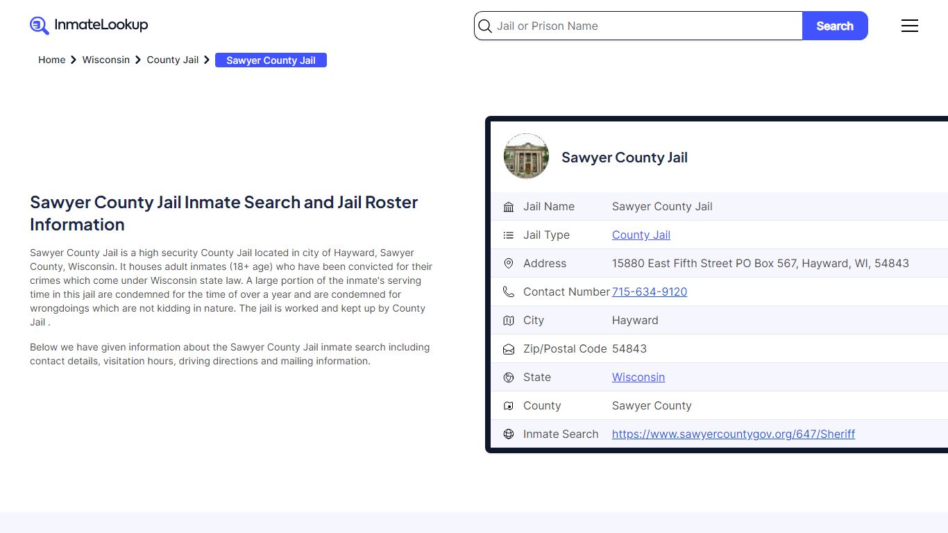 Sawyer County Jail (WI) Inmate Search Wisconsin - Inmate Lookup
